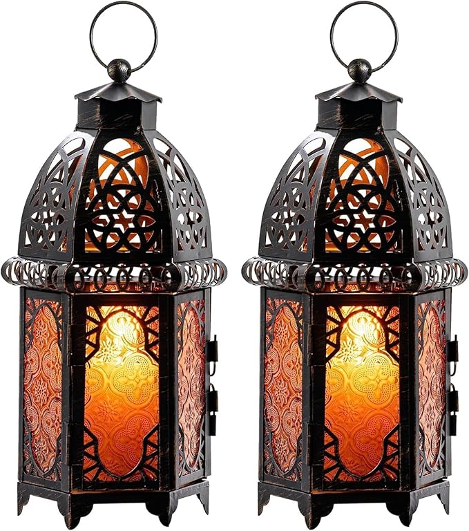 NEEDOMO Set of 2 Hanging Moroccan Lantern, 12.8'' Vintage Candle Holder, Metal Lanterns Decorative Indoor Outdoor, Table, Patio, Porch, Shelf, Ramadan Decorations (Amber)-Ruum Studio Home