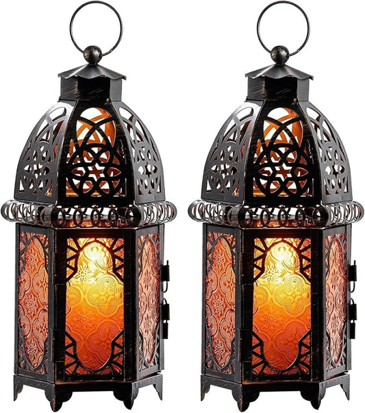 NEEDOMO Set of 2 Hanging Moroccan Lantern, 12.8'' Vintage Candle Holder, Metal Lanterns Decorative Indoor Outdoor, Table, Patio, Porch, Shelf, Ramadan Decorations (Amber)-Ruum Studio Home