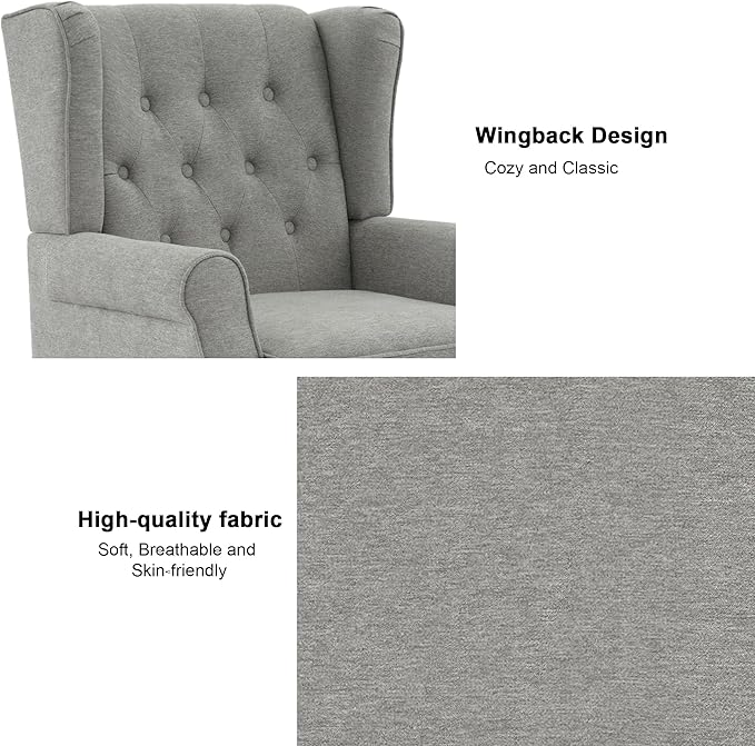 Accent Chair, Upholstered Armchair with Button Tufted High Back & Solid Wood Legs, Comfy Wingback Reading Single Sofa Chair for Small Spaces, Living Room, Bedroom (Light Grey, Set of 2)-Ruum Studio Home