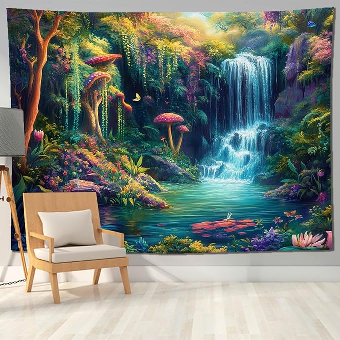 keowhsf Forest Waterfall Tapestry with Mushrooms and Flowers – Colorful Floral Plants Natural Landscape Wall Art, Fantasy Aesthetic Wall Hanging for Bedroom Decor-Ruum Studio Home