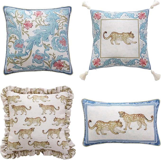 patdrea Designer Throw Pillow Covers for Couch,Vintage French Linen Pillows Cover with Cheetah Pattern and Luxury Pendant,Fall Farmhouse Decorative Pillowcases for Bed Living Room Outdoor Set of 4-Ruum Studio Home