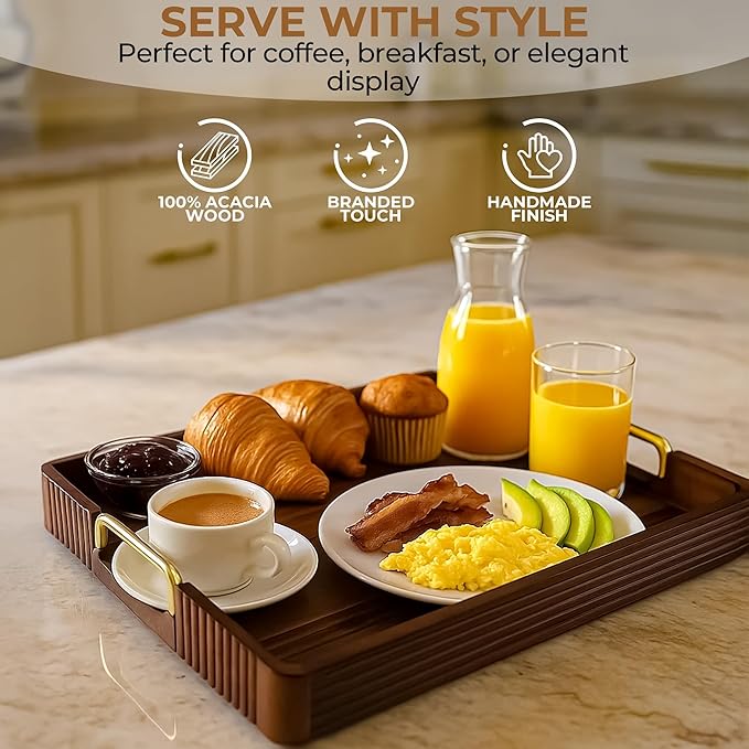 Acacia Wood Serving Tray with Metal Handles – 17x12in Rustic Decorative Ottoman & Coffee Table Tray for Breakfast in Bed, Dinner, Bar, Kitchen, Home Décor & Entertaining-Ruum Studio Home