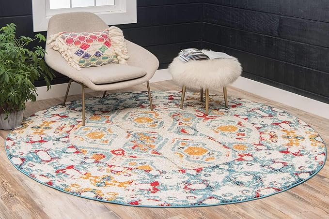 Unique Loom Rosso Collection Vintage, Geometric, Bohemian, Traditional, Distressed, Southwestern Area Rug, Round 4' 0" x 4' 0", Multi/Ivory-Ruum Studio Home