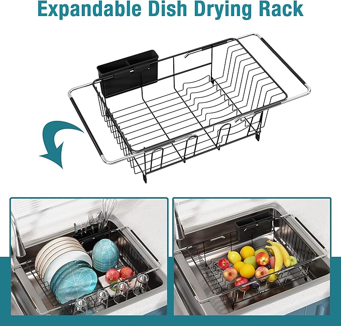 Dish Drying Rack in Sink, Over The Sink Colander Strainer Basket, Stainless Steel Strainer Basket with Expandable Rubber Grip Handles for Vegetables, Fruits, Home Kitchen Essentials, Black-Ruum Studio Home
