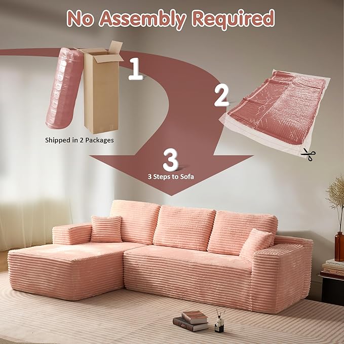ovios 104" Cloud Sectional Couch with L-Shape Chaise,Modern Modular Sofa with Deep Seat, Upholstered Couches for Living Room Bedroom,No Assembly Required, Pink (Plush Corduroy Fabric)-Ruum Studio Home