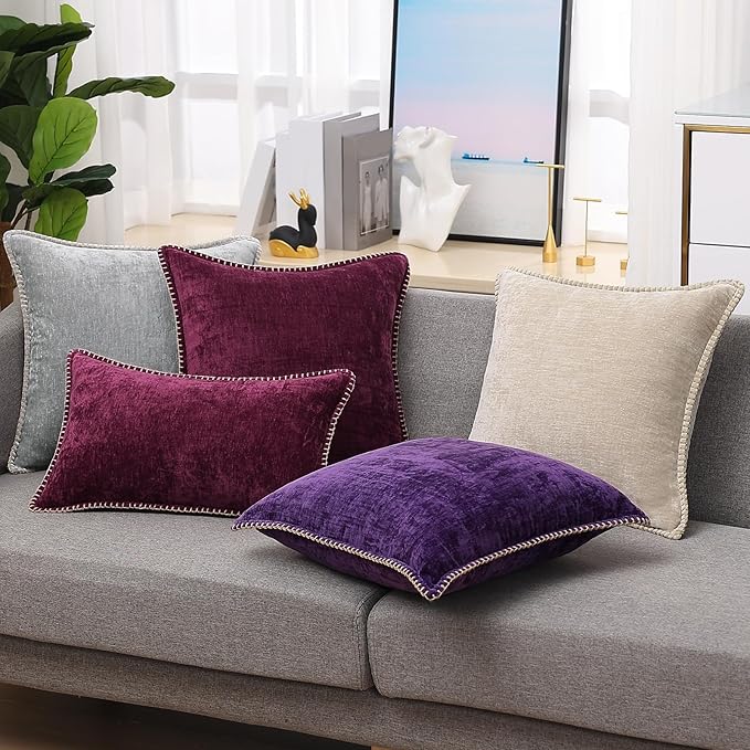 decorUhome Chenille Soft Throw Pillow Covers 12x20 Set of 2, Lumbar Velvet Farmhouse Neutral Decorative Euro Pillow Covers with Stitched Edge for Couch Sofa Bed Home Decor, Rhododendron-Ruum Studio Home