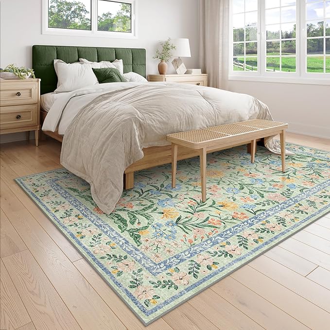 Wonnitar Machine Washable 5x7 Area Rug, Boho Floral Rugs for Living Room Non-Slip, Soft Pink and Green Flower Ultra-Thin Non Shedding Carpet for Bedroom Dining Room Nursery-Ruum Studio Home