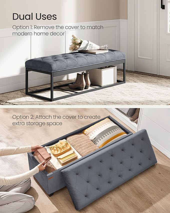 SONGMICS Velvet Storage Ottoman Bench, Foot Rest with Legs, 15.7 x 43 x 15.7 Inches, End of Bed Bench, Storage Chest, Load up to 660 lb, for Living Room, Bedroom, Entryway, Slate Gray ULSF089G01-Ruum Studio Home