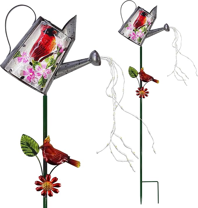 Garden Solar Lights Outdoor, Metal Watering Can Garden Stake Lights Cardinal Bird Decor Glass Art for Walkway, Pathway, Yard, Lawn-Ruum Studio Home