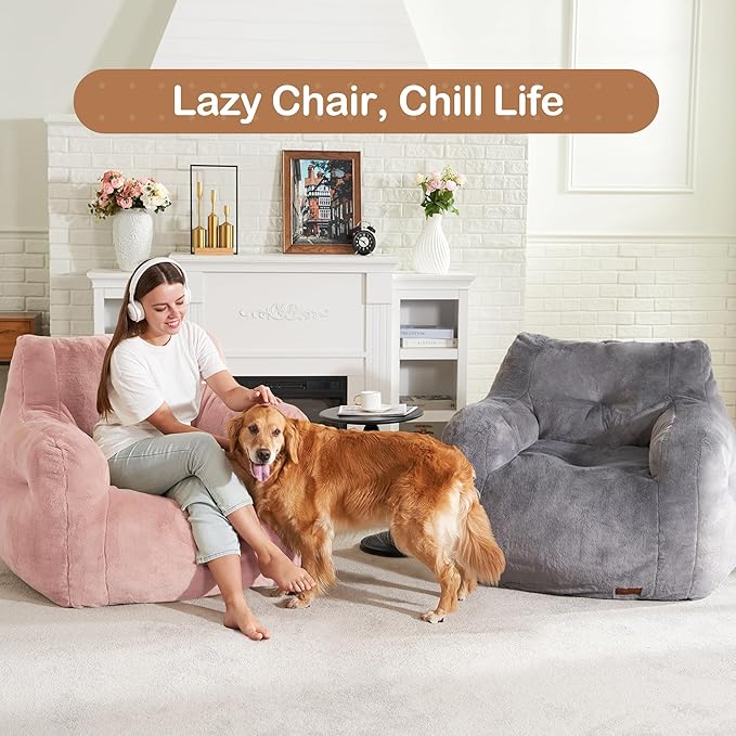 Hobestluk Bean Bag Chair for Adult Small Bean Bag Chairs with Arms Furry Beanbag Chair with Foam Filler Stuffed Bean Bag Sofa for Reading in Bedroom Living Room and Dorms(Pink)-Ruum Studio Home