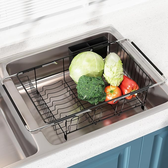 Dish Drying Rack in Sink, Over The Sink Colander Strainer Basket, Stainless Steel Strainer Basket with Expandable Rubber Grip Handles for Vegetables, Fruits, Home Kitchen Essentials, Black-Ruum Studio Home