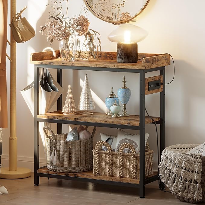 IRONCK Console Table, Sofa Table with Power Outlet, Farmhouse Hallway Table for Entryway, Living Room, Height Adjustable, Easy Assembly, Rustic Brown,32"-Ruum Studio Home