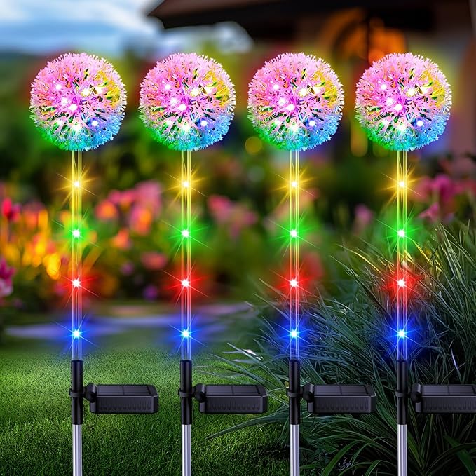 Solar Garden Lights Outdoor Decorations: 4 Pack Dandelion Flower Lights, 2 Modes Colorful 16 LED Landscape Light, Waterproof Artificial Flowers for Yard, Patio, Pathway Decor, Gifts for Women Mom-Ruum Studio Home