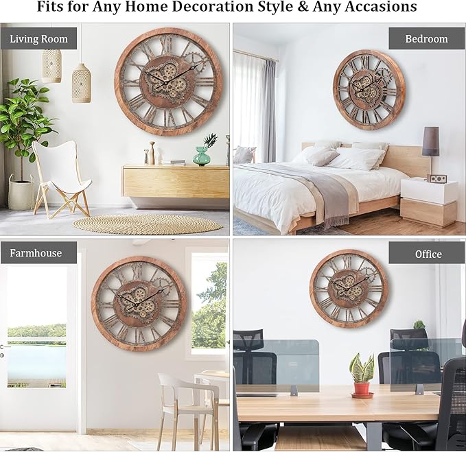 HOIBAI Large Wall Clock, Wall Clocks for Living Room Decor 20 Inch Farmhouse Vintage Rustic Kitchen Wall Decor Vintage Roman Oversized Wall Clock for Home Bedroom House, Moving Gears Clock-Ruum Studio Home