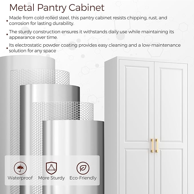 75" Kitchen Pantry Cabinet, White Metal Storage Cabinets with 2 Doors and 4 Adjustable Shelves, Tall Pantry Storage Cabinet for Kitchen, Dining Room, Living Room-Ruum Studio Home