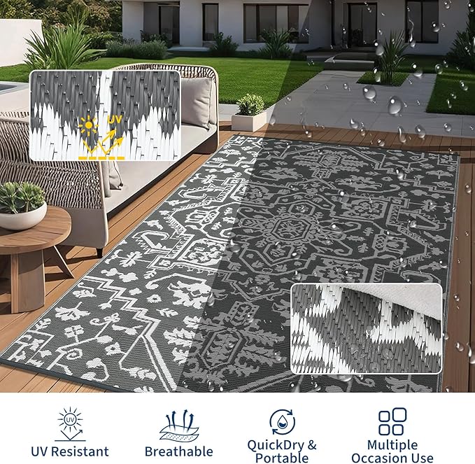 Waterproof Outdoor Rug 9x18 Reversible Plastic Straw Patio Rug, Stain-Resistant Vintage Medallion Carpet, Large Indoor Outdoor RV Mat for Deck, Camping, Balcony, Grey White-Ruum Studio Home