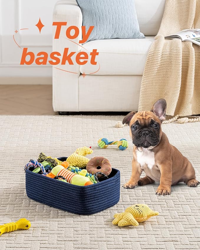 Small Woven Basket, 13.5 x 9.5 x 5 Inches, Storage Basket for Organizing, Cute Small Rope Shelf Closet Cube Storage Bins Baskets for Shelves, Dog Toy Gift Baskets Empty, 3 Packs, Navy Blue-Ruum Studio Home