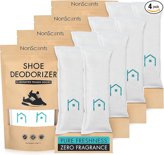 NonScents Shoe Deodorizer 4-Pack (8 Count) - Odor Eliminator, Air Freshener, Smell Absorber, Scent Remover for Shoes, Gym Bags, Soccer Cleats, Closets, Pet Area, Reusable - Shoe Deodorant-Ruum Studio Home