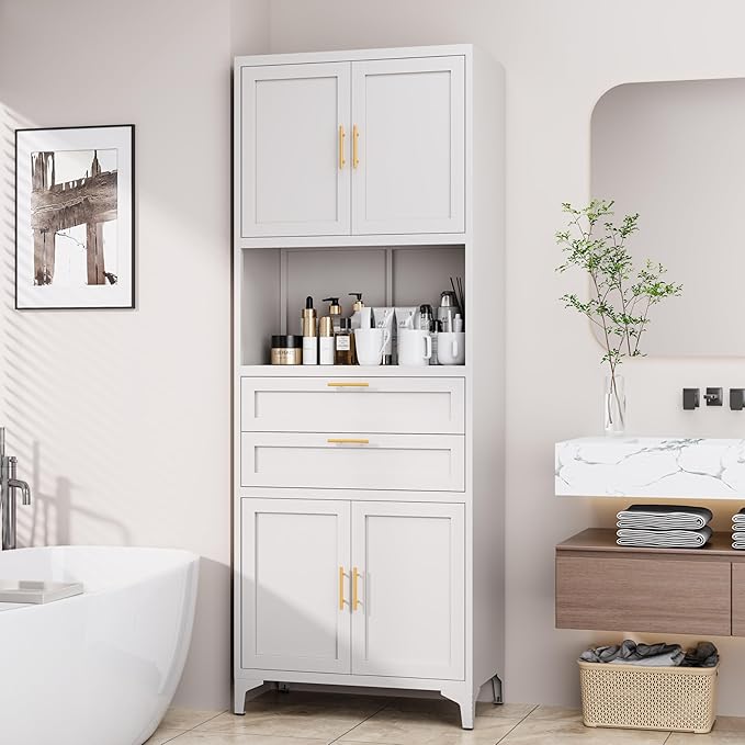 75” Tall Kitchen Pantry Storage Cabinet, Metal Bathroom Storage Cabinet with 2 Drawers and Adjustable Shelves, Kitchen Pantry Cupboard, Freestanding Cupboard for Bathroom, Living Room (White)-Ruum Studio Home