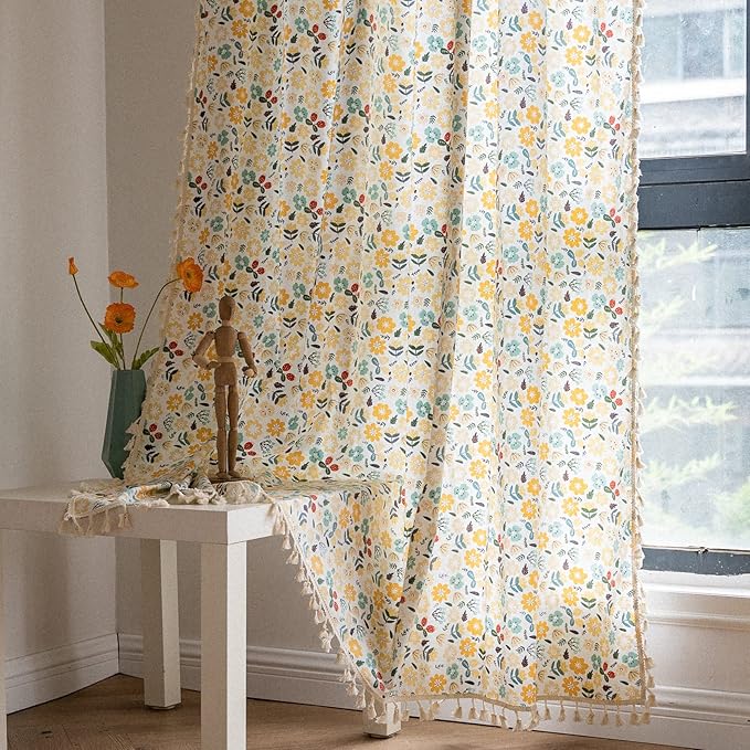 Sutuo Home Boho Curtain Semi-Blackout Colorful Florals Print Cotton Linen Fabric, Handmade Tassels Rod Pocket Bohemian Farmhouse Country Window Drapes for Living Bedroom, 59" W x 84" L, 1 Panel-Ruum Studio Home