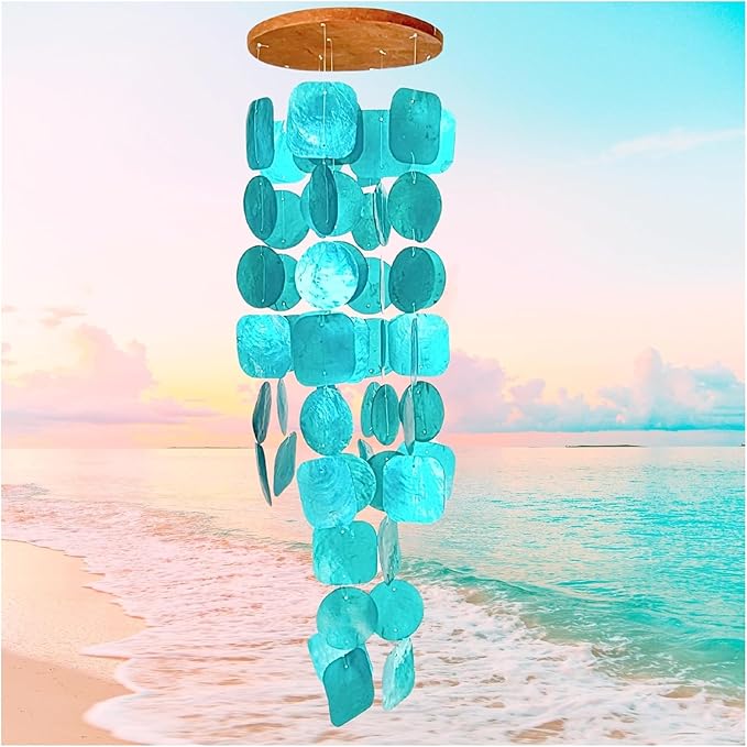 Bellaa 20744 Wind Chimes Outdoor, Garden Decorations, Musical, Indoor/Outside Windchimes, Beach, Ocean Breeze, Gifts for Mom, Gift for All Occasions, Capiz Sea Glass Shells Wood Turquoise Blue-Ruum Studio Home