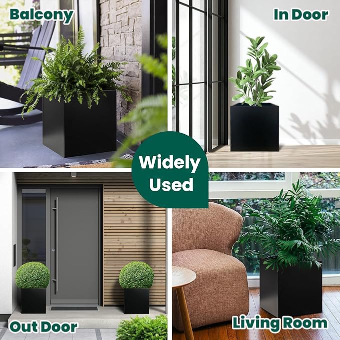 Galvanized Steel Planter Box Black Metal Planter Large Square Indoor Outdoor Planters Cube Steel Heavy Duty Flower Pot 16Inch Powder Coating Modern Commercial Residential for Patio, Deck, Yard, Garden-Ruum Studio Home
