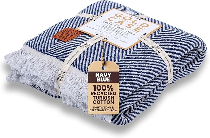 Gold Case Throw Blanket for Couch – 100% Recycled Turkish Cotton Blankets & Throws – Elegant Decorative Throw Blankets for Living Room Sofa – Woven Throws for Couch – Elegant Navy Blue – 50x60-Ruum Studio Home