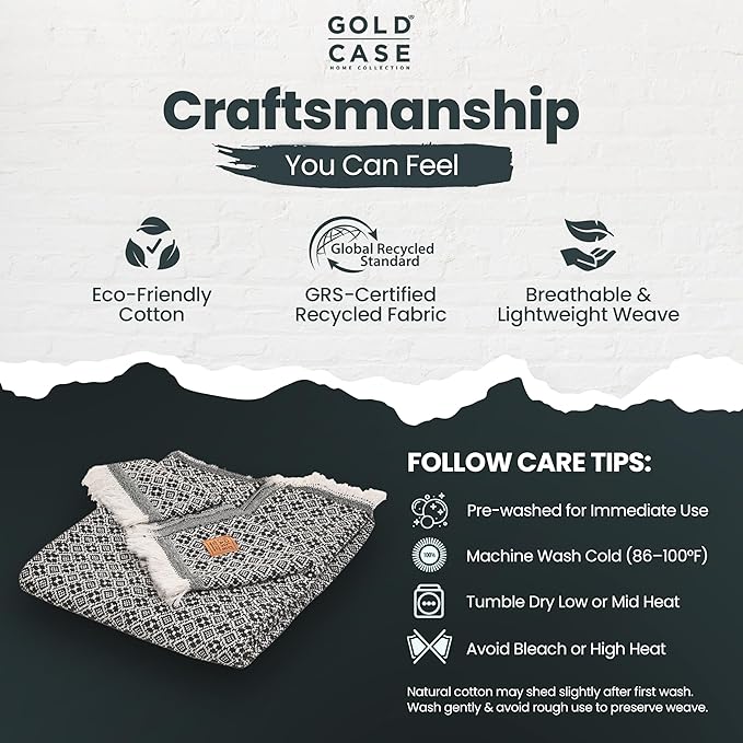 Gold Case Throw Blanket for Couch – 100% Recycled Turkish Cotton Blankets & Throws – Elegant Decorative Throw Blankets for Living Room Sofa – Woven Throws for Couch – Retro Black – 50x60-Ruum Studio Home