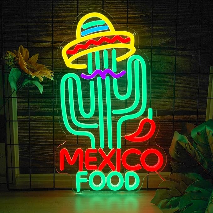 Mexican Food Neon Sign Cactus Neon Lights Dimable Colorful LED Mexican Art Lights Wall Decor for Mexican Restaurants Bars Food Trucks Unique Gift for Taco Enthusiasts Fiesta Parties (15×9.1inch)-Ruum Studio Home