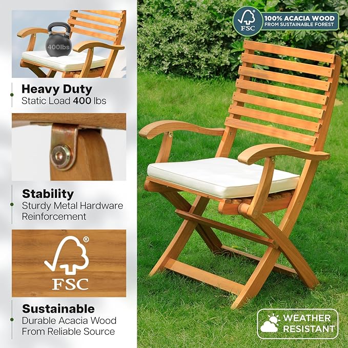 IDZO, Percy Chairs Heavy Duty 400lbs Capacity Set of 2 w/Cushion, FSC Acacia Outdoor Furniture, Teak Finish, Fully Assembled, Wood Folding_Beige-Ruum Studio Home