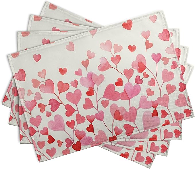 Pink Love Heart Valentine's Day Placemats Set of 4 Valentine Seasonal Holiday Linen Table Mats 12x18 Inch Anniversary Wedding Sweet Romantic Place Mats for Party Kitchen Dining Outdoor Indoor Decor-Ruum Studio Home