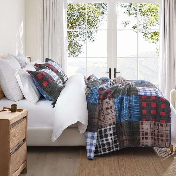NEWLAKE Quilt Set Queen Size, Cotton Patchwork Blue Black Checkered Patterns Quilt Sets, Reversible Bedspread Lightweight and Breathable for All Seasons, Soft Quilted Bedspread with 2 Pillow Shams-Ruum Studio Home