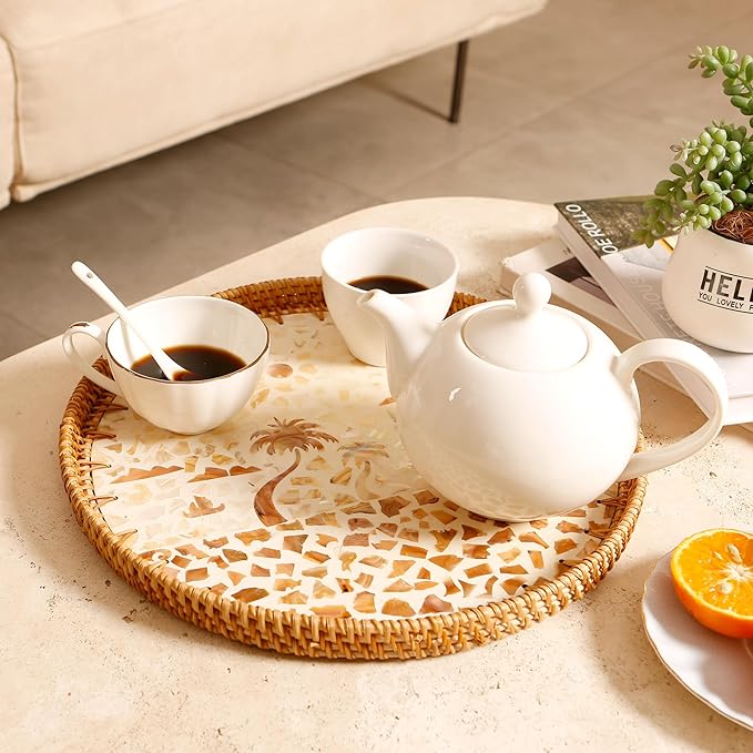 Round Rattan Tray with Mother of Pearl Inlay & Wooden Base - Decorative Wicker Serving Tray for Coffee/Bread/Fruits, Food Storage & Display - Multipurpose Home Decor (L,Island)-Ruum Studio Home