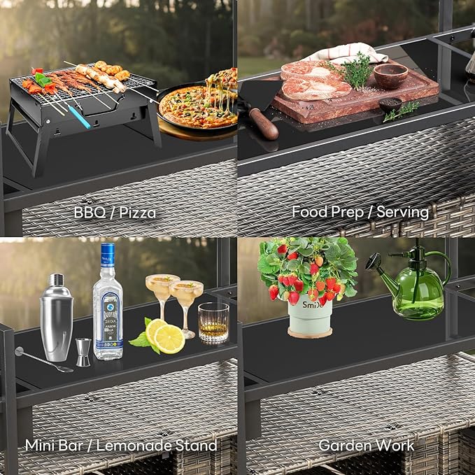Outdoor Bar Cart with Storage Cabinet, Patio Bar Table with Tempered Glass Tabletop, Outdoor Serving Grill Cart with Rolling Wheels, Rattan Bar Cart for Patio, Backyard, Grey Wicker-Ruum Studio Home