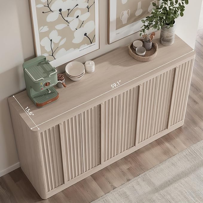 Fluted Buffet Cabinet with Storage, 60" Sideboard Buffet Accent Cabinet with 4 Door & Solid Wood Handle, Modern Buffet Table Credenza Console Cabinets for Living Room, Dining Room, Kitchen, Oak(1PCS)-Ruum Studio Home