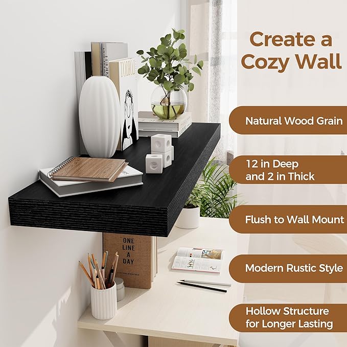 Black Floating Shelves 36 Inch Long, 12 Inch Deep Floating Shelves for Wall, 36 x 12 Shelves for Wall Storage & Display, 2" Thick Floating Shelf for Bathroom, Living Room, Bedroom, Set of 2-Ruum Studio Home