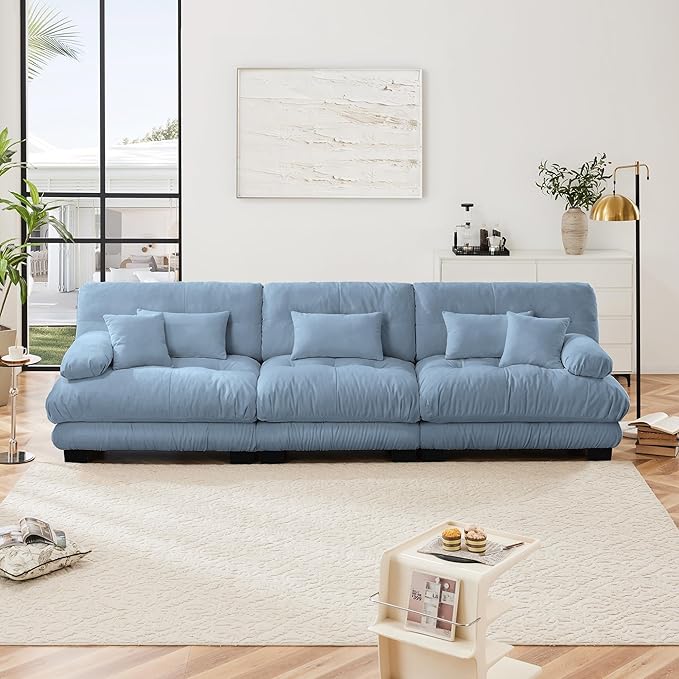 Modular Sectional Sofa, Comfy Cloud Couch 3 Seater Couch, Sectional Couches for Living Room, Modern Chenille Oversized Couches for Bedroom, Sleeper Deep Seat Sofa with Throw Pillows, Blue-Ruum Studio Home