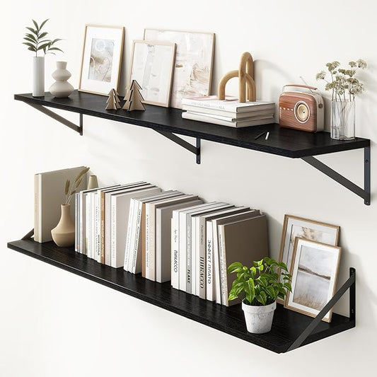 Floating Shelves 55 Inch Long, 10" Deep Floating Shelves, Black Wall Shelves 55 x 10, Set of 2, Wide Large Display Storage Shelves for Bathroom, Living Room, Rustic Wood Shelves with Brackets-Ruum Studio Home