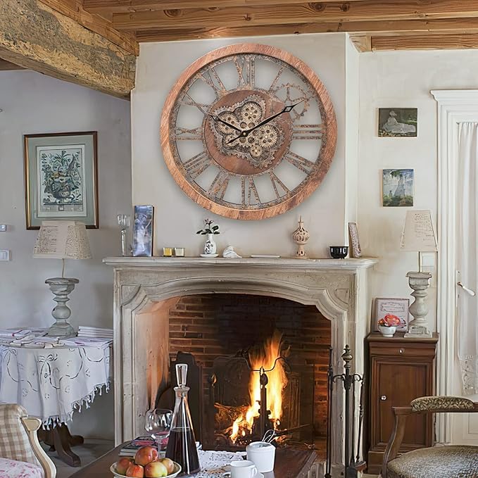 HOIBAI Large Wall Clock, Wall Clocks for Living Room Decor 20 Inch Farmhouse Vintage Rustic Kitchen Wall Decor Vintage Roman Oversized Wall Clock for Home Bedroom House, Moving Gears Clock-Ruum Studio Home