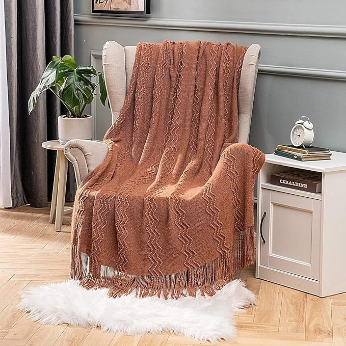 MIULEE Fall Orange Knitted Throw Blanket for Couch Boho Terracotta Rust Textured Cozy Woven Blanket with Tassels for Sofa Chair Bed Living Room Acrylic Wave Pattern 60"x80"-Ruum Studio Home
