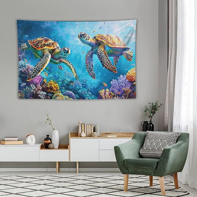 Sea Turtle Tapestry Ocean Tapestries Fabric Wall Hanging Aesthetic Space Coastal Indoor Outdoor Wall Art Tablecloth Bedspread Decoration for Bedroom Dormitory Living Room Home Decor 40"x60"-Ruum Studio Home