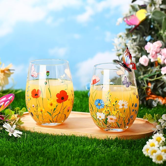 Sliner 2 Pack 17oz Wildflower Stemless Wine Glasses Floral Butterfly Drinking Glasses Spring Flowers Tumbler Cups for Graduation Wedding Mother's Day Birthday Drinking Party Favors-Ruum Studio Home