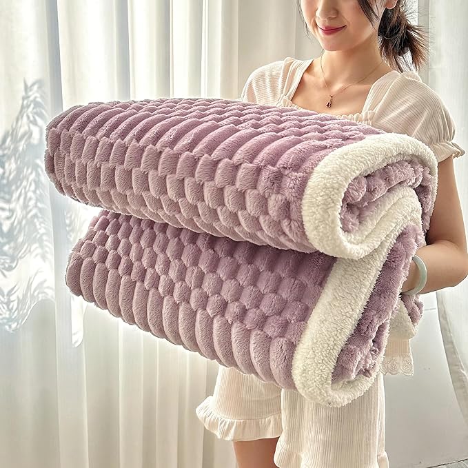 UKELER Sherpa Bed Blanket 80 × 90 inch, Ultra Soft Queen Size Throw Blankets for All Season, 470 GSM Cozy Plush Striped Fleece Blanket for Bedroom Living Room Dorm Hostel Sofa Camping, Purple-Ruum Studio Home