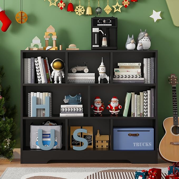 Book Shelf, 8 Cubes Storage Organizer, Freestanding Black Bookshelf Cube Shelf for Bedroom, Living Room, Home Office, 3-Tier Open Shelf Wooden Bookcase-Ruum Studio Home