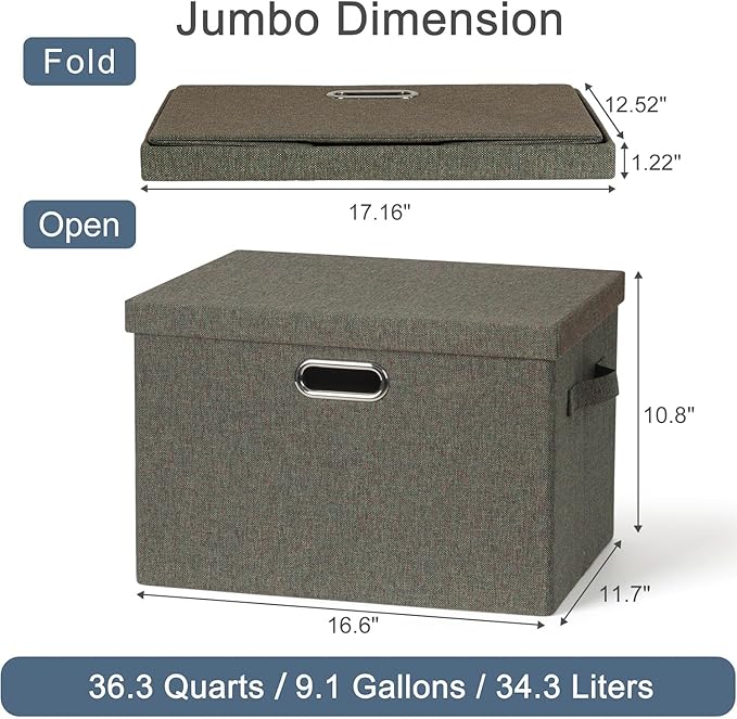 Large 17" 36 Quart Collapsible Stackable Storage Bins with Lids, 3 Packs Dark green Foldable Fabric Closet Storage Boxes with Lids, Heavy-duty Linen Cube Baskets(17x12x11)-Ruum Studio Home