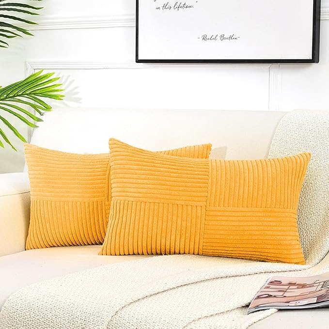 Fancy Homi 2 Packs Gold Yellow Lumbar Decorative Throw Pillow Covers 12x24 Inch for Couch Bed Sofa, Rustic Farmhouse Boho Spring Home Decor, Soft Striped Corduroy Rectangle Accent Cushion Case 30x60cm-Ruum Studio Home
