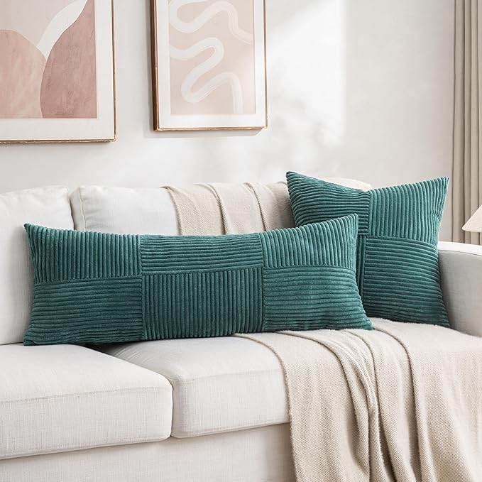 Fancy Homi Set of 2 Teal Boho Long Lumbar Body Decorative Throw Pillow Cover 14x36 Inch for Bed Couch Bedroom Bench, Soft Patchwork Corduroy Textured Pillow Case, Rustic Farmhouse Room Décor-Ruum Studio Home