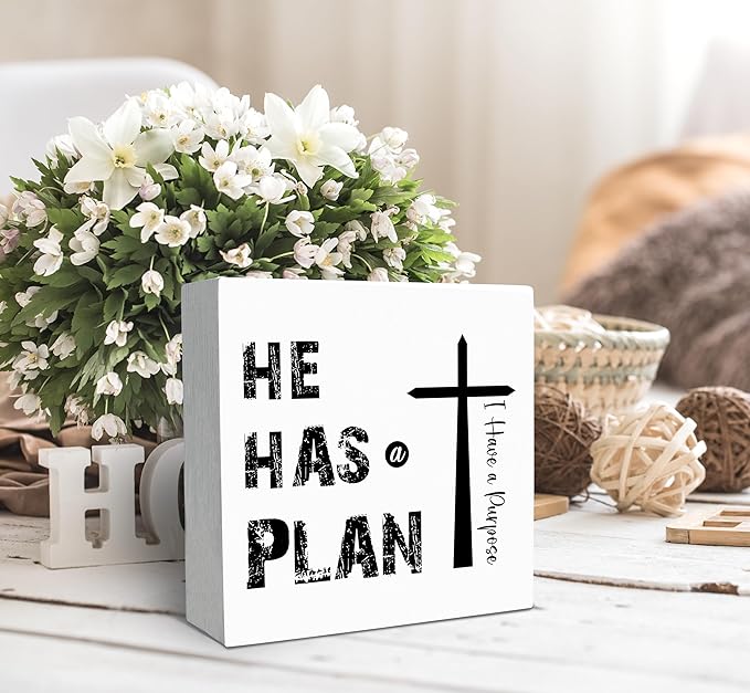 SRADMO He Has a Plan Jesus Wood Box Sign Desk Decor, Bible Verse Decor, Christian Theme Wooden Block Box Sign Decoration for Home Office Shelf Table Decors-Ruum Studio Home