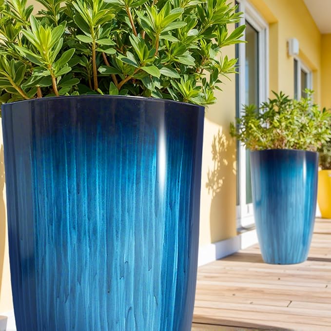 Worth Garden 20" H. Large Plastic Planters - Set of 2 Gradient Blue Glossy Smooth Finish - Tall Plant Pots for Indoor & Outdoor Use - Decorative Lightweight Flower Pots for Front Porch, Patio, Deck-Ruum Studio Home
