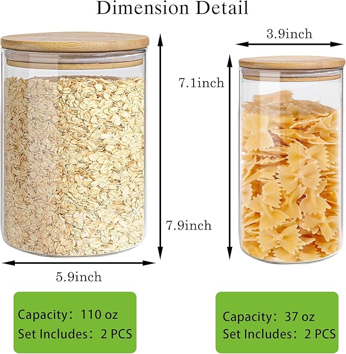 Glass Storage Jars Set Elegant Containers with Airtight Bamboo Lids, Perfect for Kitchen Organization - Flour, Rice, Pasta, Sugar, Coffee Beans (2 packs(37oz) / 2 packs(111oz))-Ruum Studio Home